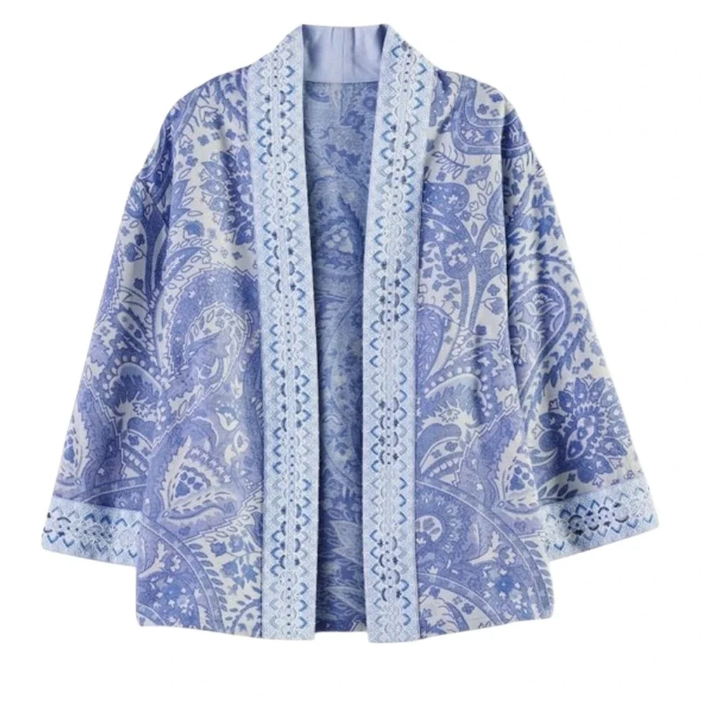 Soft Surroundings Verrado Jacket Blue Paisley Open Front‎ Kimono PXL EUC